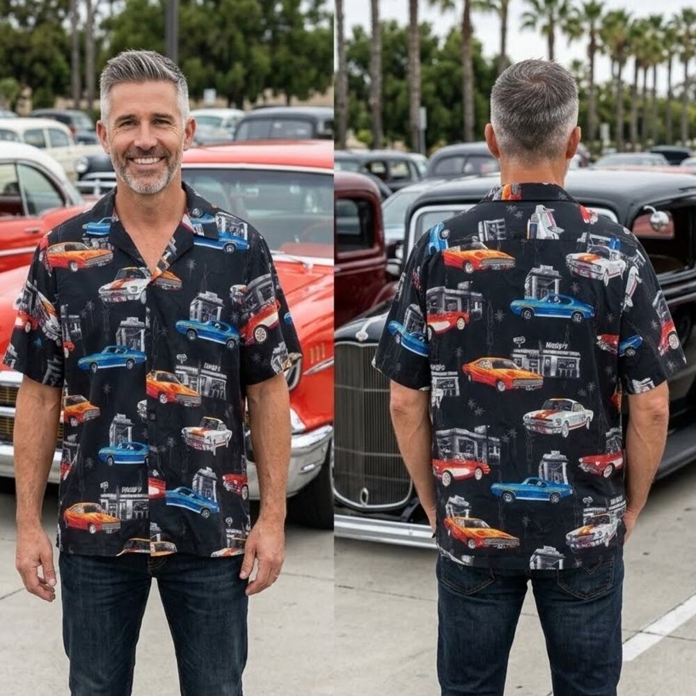 RJC Aloha Shirt Vintage Car Drive-In Gas Station Hawaiian Made USA Mens XL 48